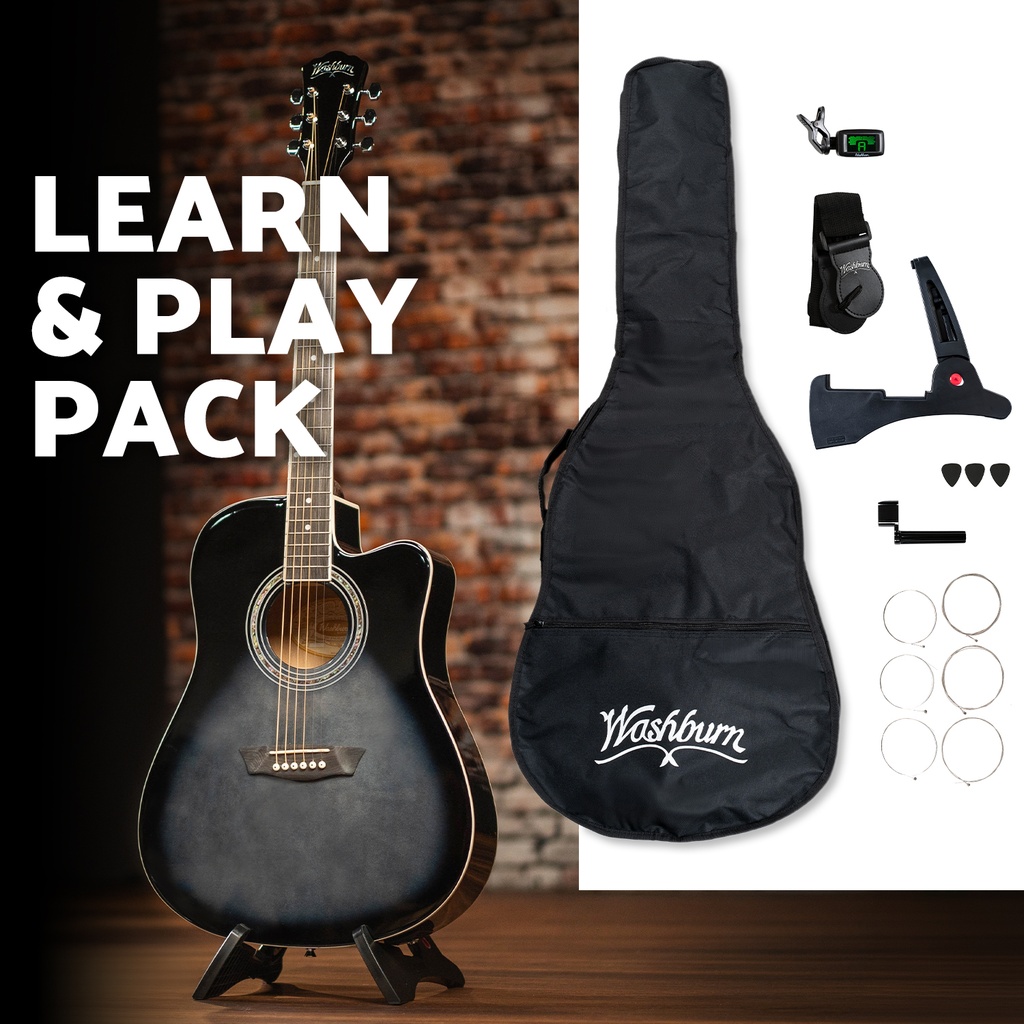 Washburn WA90CETBBPACK Learn & Play Pack Acoustic Electric Guitar Bundle. Transparent Black Burst (Floor Model)