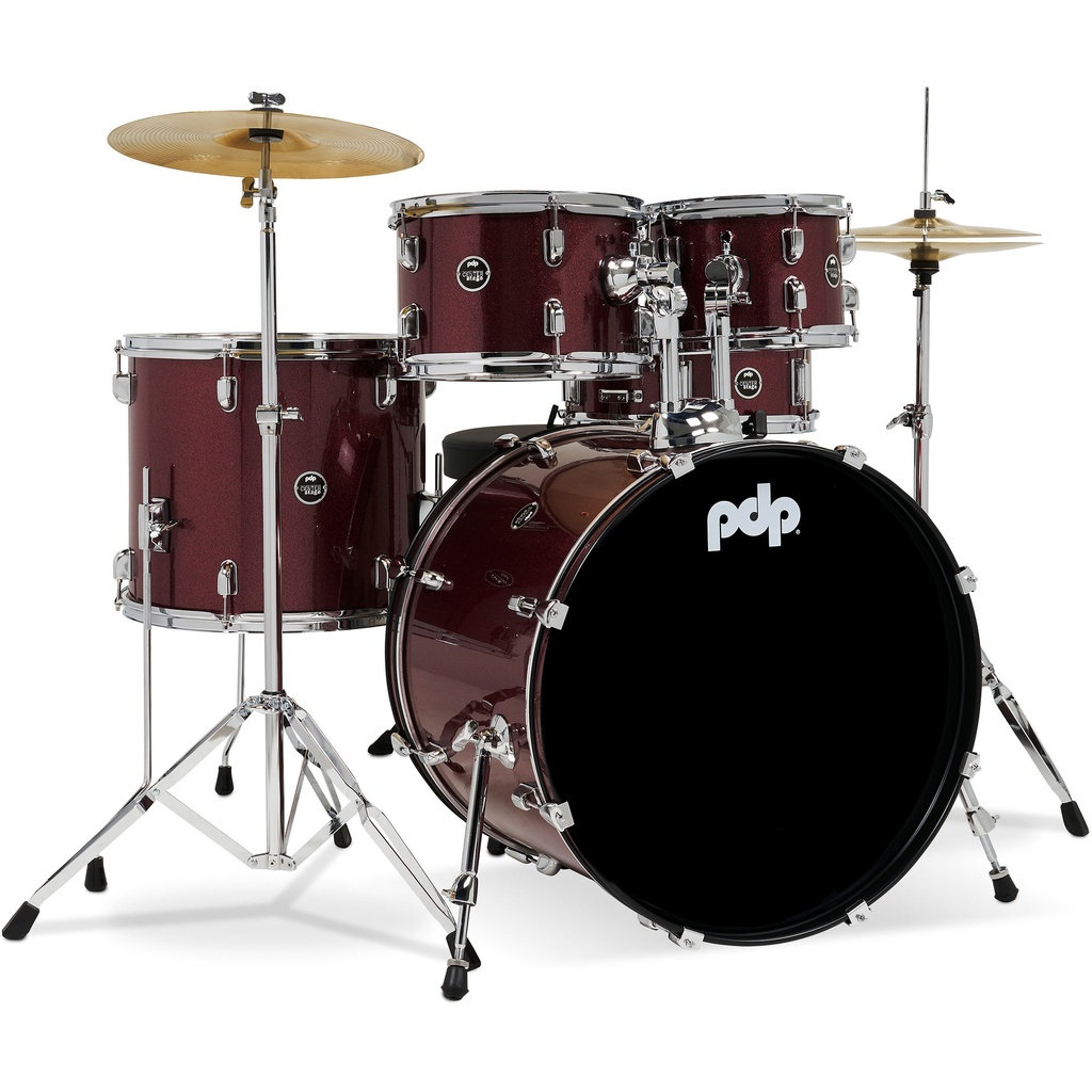 PDP CENTER Stage 5-Piece Complete Drum Set (20B-10-12-14F-14S) in Ruby Red Sparkle